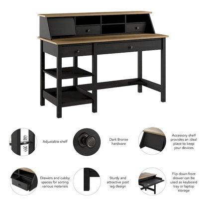 Bureau d'ordinateur de ferme avec étagères et organisateur de bureau – Gris shiplap / Noir vintage, 1 place