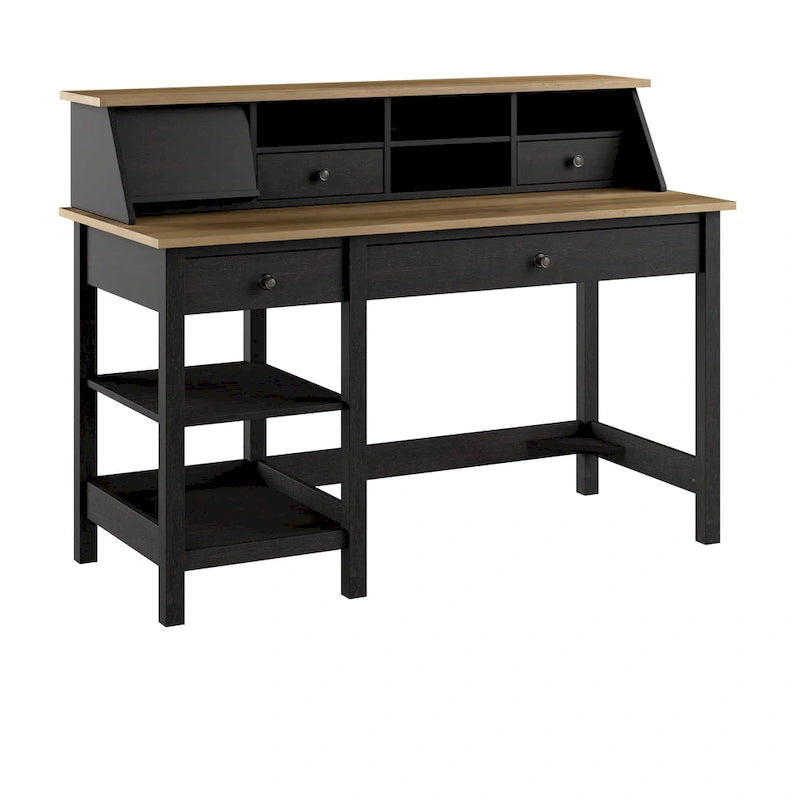 Bureau d'ordinateur de ferme avec étagères et organisateur de bureau – Gris shiplap / Noir vintage, 1 place