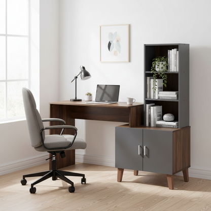 Bureau de rangement bicolore gris et noyer avec étagères – 1 place