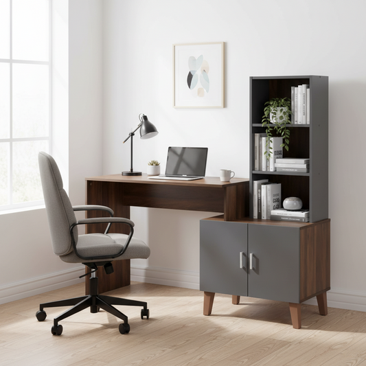 Bureau de rangement bicolore gris et noyer avec étagères – 1 place