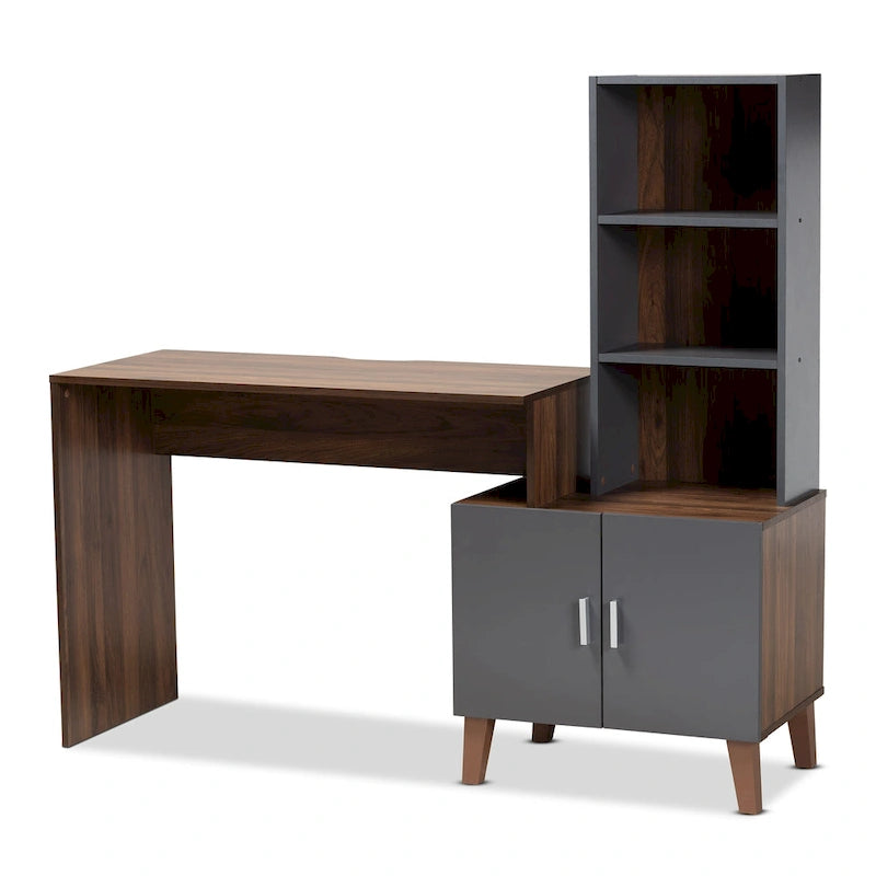 Bureau de rangement bicolore gris et noyer avec étagères – 1 place