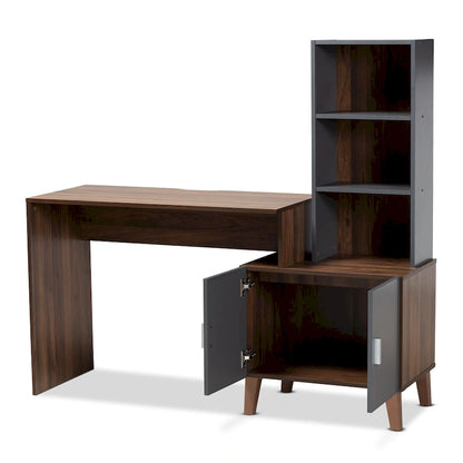 Bureau de rangement bicolore gris et noyer avec étagères – 1 place