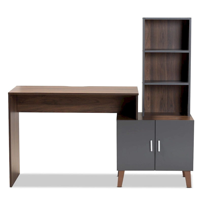 Bureau de rangement bicolore gris et noyer avec étagères – 1 place