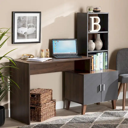 Bureau de rangement bicolore gris et noyer avec étagères – 1 place
