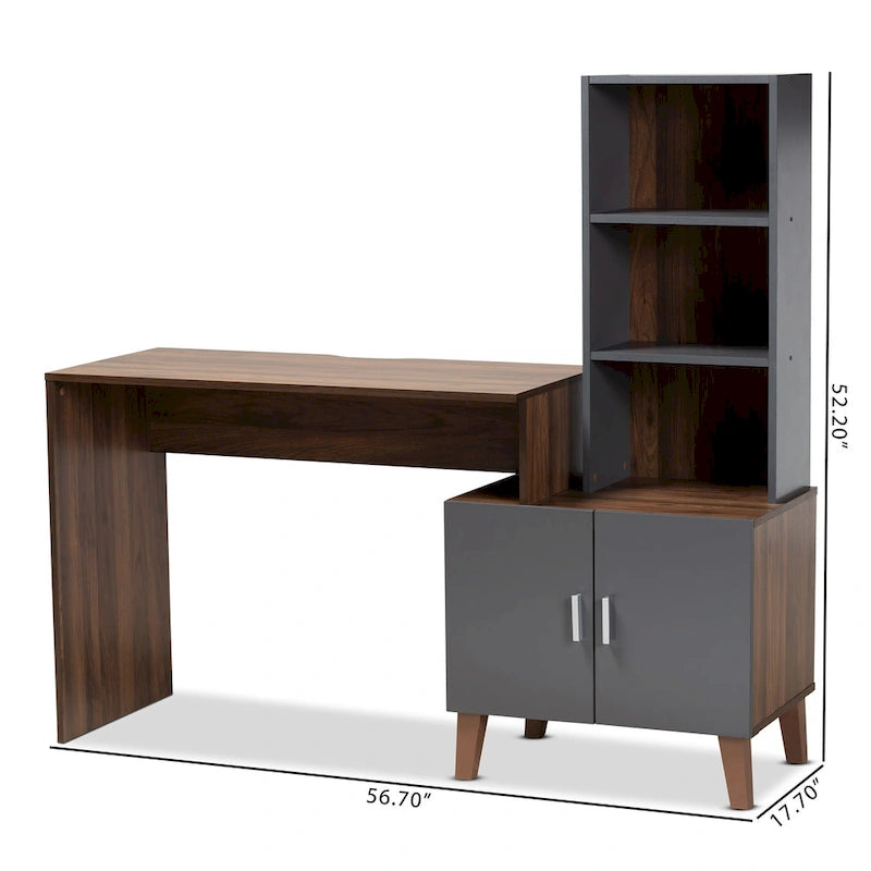Bureau de rangement bicolore gris et noyer avec étagères – 1 place