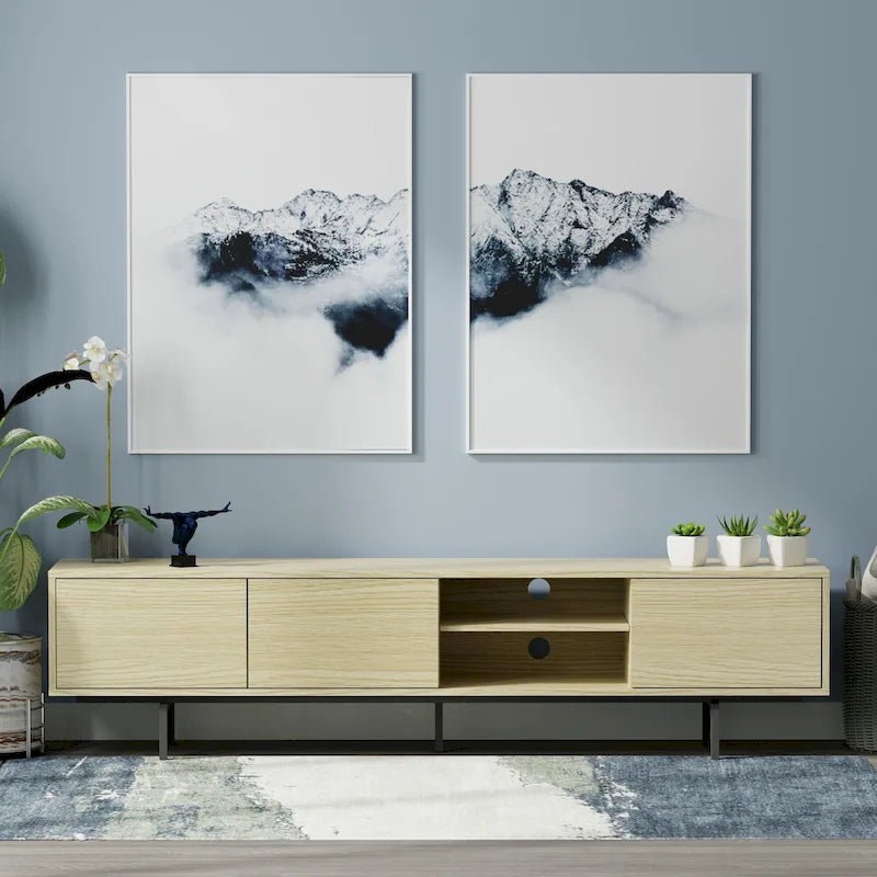 Meuble TV bas Mid-Century Modern – Chêne blanc / Blanc / Taupe / Noir / Gris / Jade / Noyer | Montage par 1 à 2 personnes