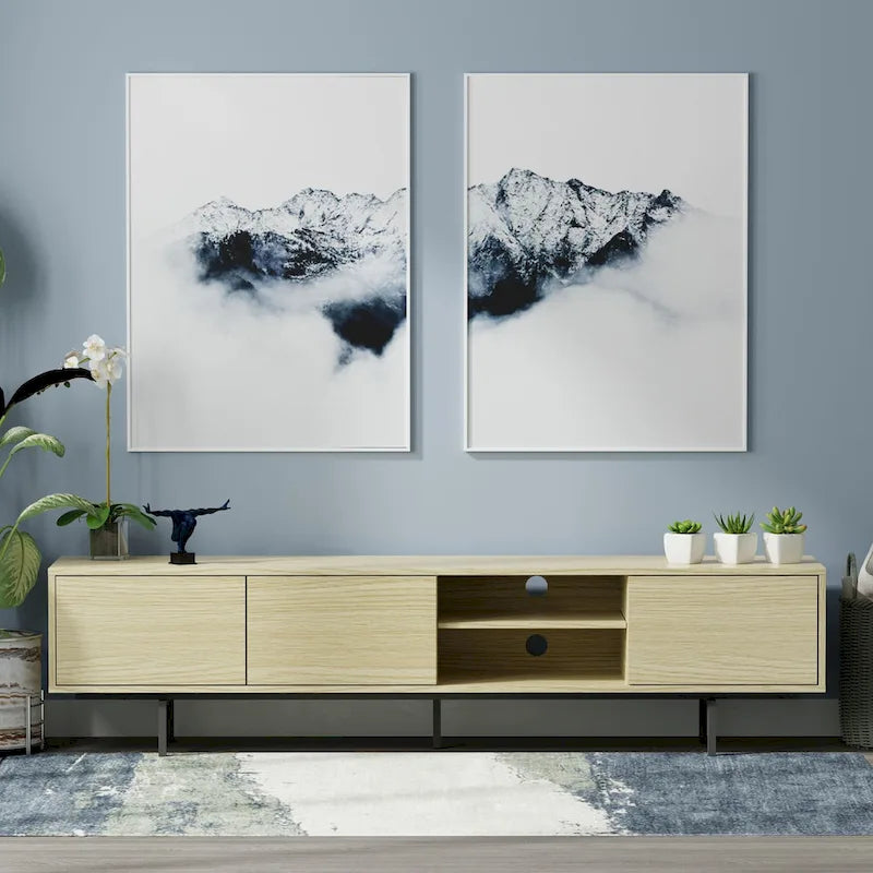 Meuble TV bas Mid-Century Modern – Chêne blanc / Blanc / Taupe / Noir / Gris / Jade / Noyer | Montage par 1 à 2 personnes