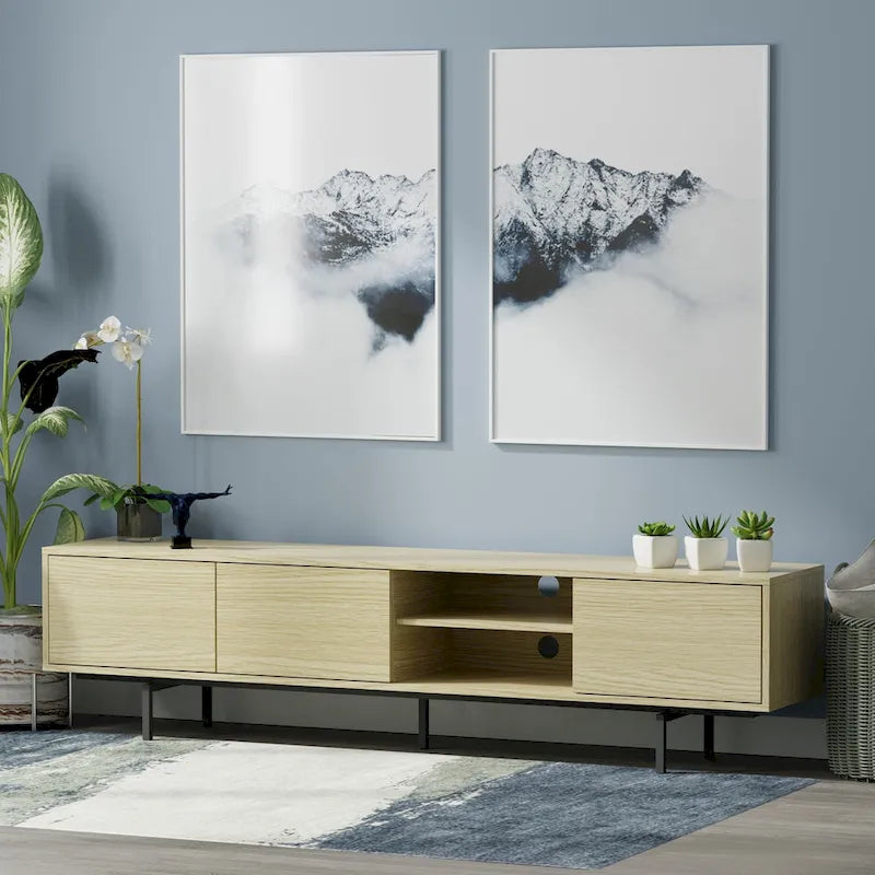Meuble TV bas Mid-Century Modern – Chêne blanc / Blanc / Taupe / Noir / Gris / Jade / Noyer | Montage par 1 à 2 personnes