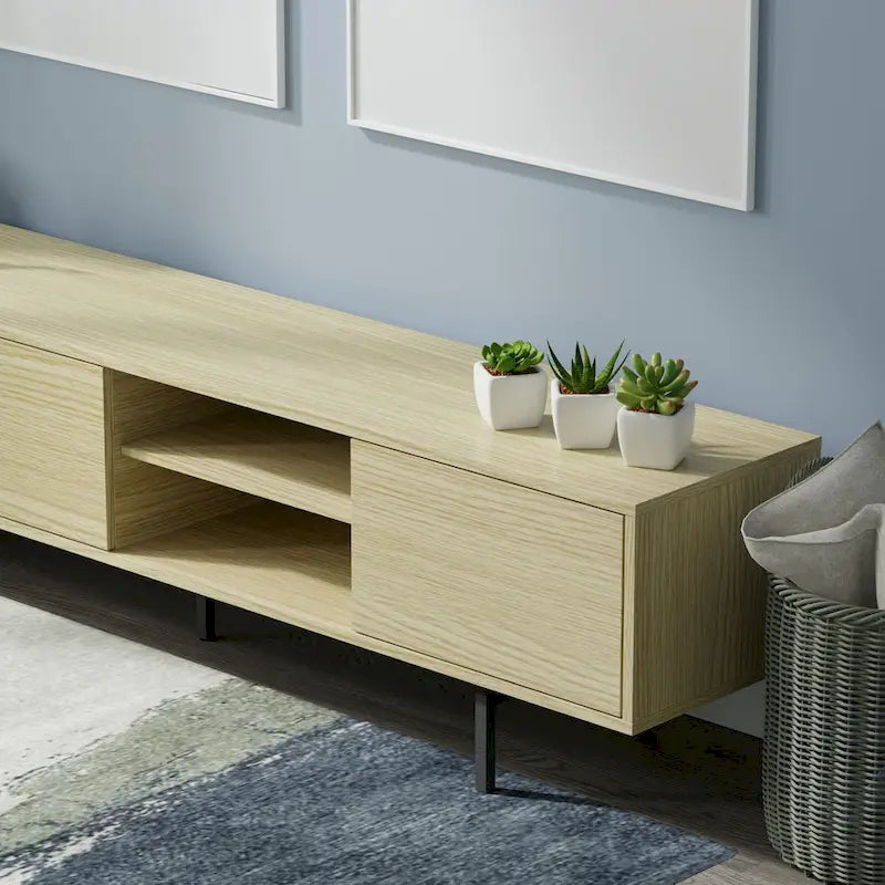 Meuble TV bas Mid-Century Modern – Chêne blanc / Blanc / Taupe / Noir / Gris / Jade / Noyer | Montage par 1 à 2 personnes