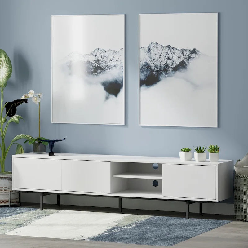 Meuble TV bas Mid-Century Modern – Chêne blanc / Blanc / Taupe / Noir / Gris / Jade / Noyer | Montage par 1 à 2 personnes
