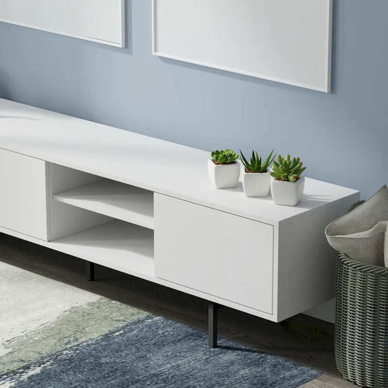 Meuble TV bas Mid-Century Modern – Chêne blanc / Blanc / Taupe / Noir / Gris / Jade / Noyer | Montage par 1 à 2 personnes