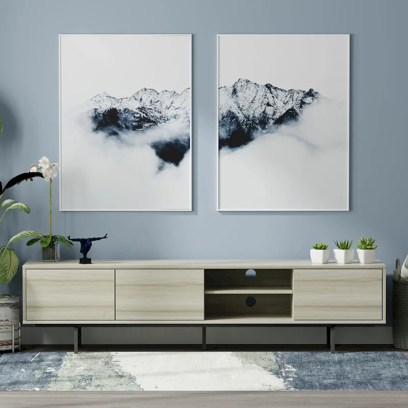 Meuble TV bas Mid-Century Modern – Chêne blanc / Blanc / Taupe / Noir / Gris / Jade / Noyer | Montage par 1 à 2 personnes