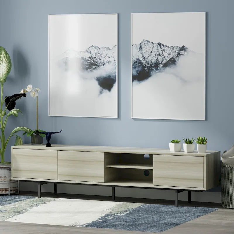 Meuble TV bas Mid-Century Modern – Chêne blanc / Blanc / Taupe / Noir / Gris / Jade / Noyer | Montage par 1 à 2 personnes
