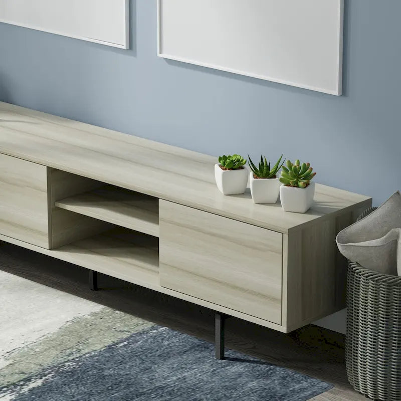 Meuble TV bas Mid-Century Modern – Chêne blanc / Blanc / Taupe / Noir / Gris / Jade / Noyer | Montage par 1 à 2 personnes
