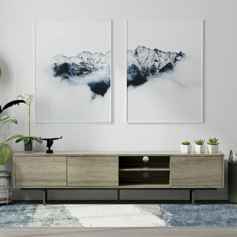 Meuble TV bas Mid-Century Modern – Chêne blanc / Blanc / Taupe / Noir / Gris / Jade / Noyer | Montage par 1 à 2 personnes