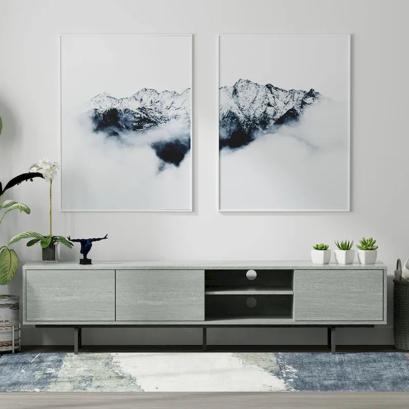 Meuble TV bas Mid-Century Modern – Chêne blanc / Blanc / Taupe / Noir / Gris / Jade / Noyer | Montage par 1 à 2 personnes