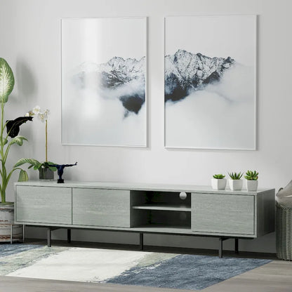 Meuble TV bas Mid-Century Modern – Chêne blanc / Blanc / Taupe / Noir / Gris / Jade / Noyer | Montage par 1 à 2 personnes