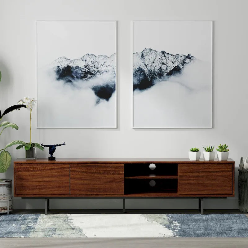 Meuble TV bas Mid-Century Modern – Chêne blanc / Blanc / Taupe / Noir / Gris / Jade / Noyer | Montage par 1 à 2 personnes
