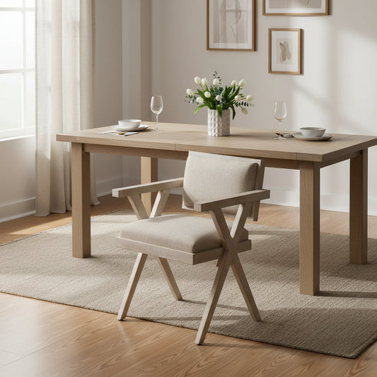 Chaise de salle à manger avec accoudoirs, dossier plein, coloris crème et blond – Vendue à l'unité