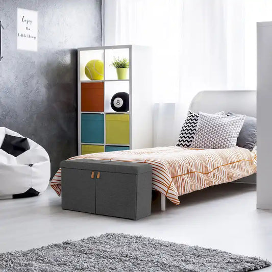 Banc de rangement ottoman capitonné gris – Style moderne, 1 place, Range-chaussures avec étagères réglables