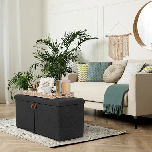 Banc de rangement ottoman capitonné gris – Style moderne, 1 place, Range-chaussures avec étagères réglables