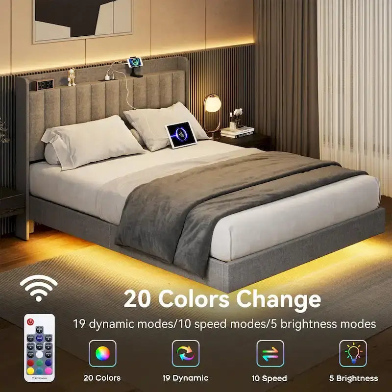 Cadre de lit flottant rembourré avec lumières LED – Gris, Lit double / Queen / King, Pour 1 à 2 personnes