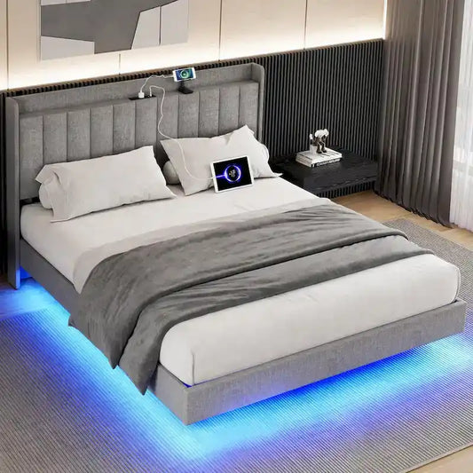 Cadre de lit flottant rembourré avec lumières LED – Gris, Lit double / Queen / King, Pour 1 à 2 personnes