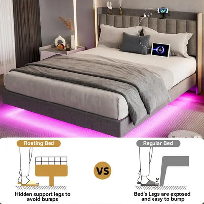 Cadre de lit flottant rembourré avec lumières LED – Gris, Lit double / Queen / King, Pour 1 à 2 personnes