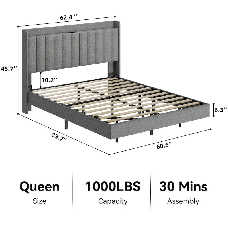 Cadre de lit flottant rembourré avec lumières LED – Gris, Lit double / Queen / King, Pour 1 à 2 personnes