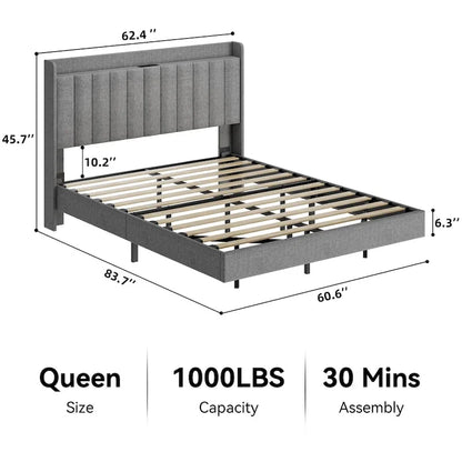 Cadre de lit flottant rembourré avec lumières LED – Gris, Lit double / Queen / King, Pour 1 à 2 personnes