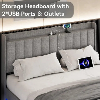 Cadre de lit flottant rembourré avec lumières LED – Gris, Lit double / Queen / King, Pour 1 à 2 personnes
