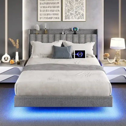 Cadre de lit flottant rembourré avec lumières LED – Gris, Lit double / Queen / King, Pour 1 à 2 personnes
