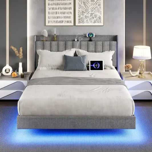 Cadre de lit flottant rembourré avec lumières LED – Gris, Lit double / Queen / King, Pour 1 à 2 personnes