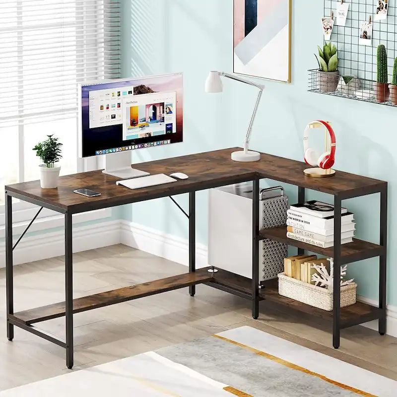 Bureau d'angle en L avec huche et étagères de rangement – Marron, 1 personne