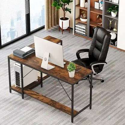 Bureau d'angle en L avec huche et étagères de rangement – Marron, 1 personne