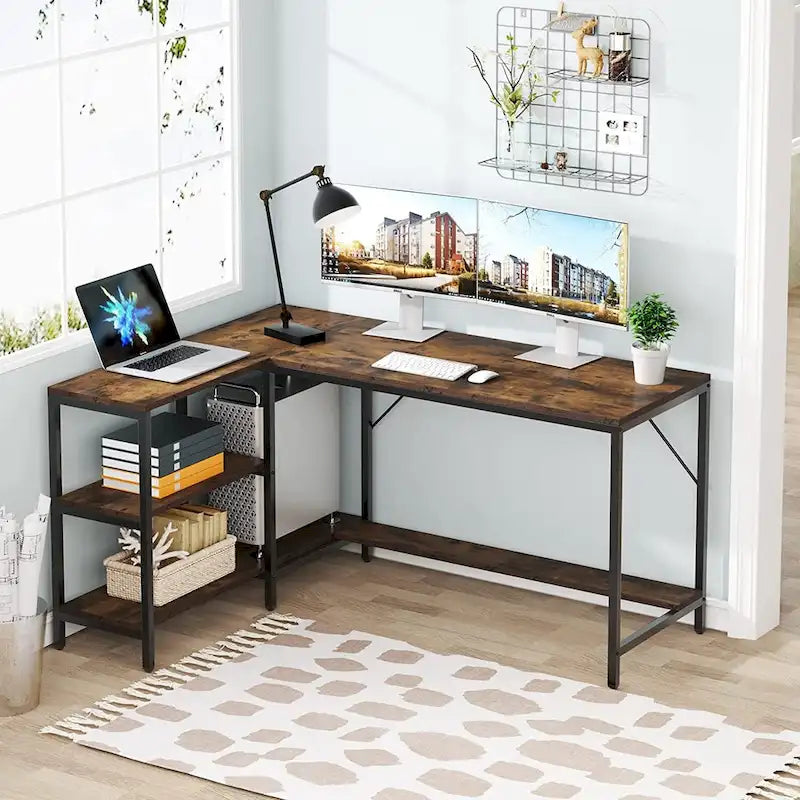 Bureau d'angle en L avec huche et étagères de rangement – Marron, 1 personne