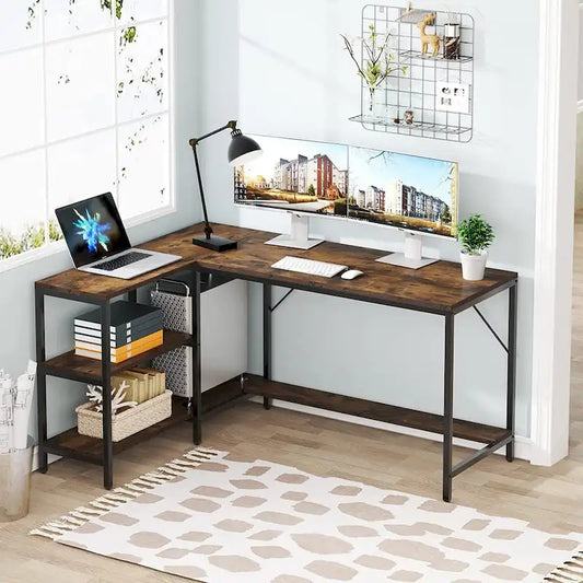 Bureau d'angle en L avec huche et étagères de rangement – Marron, 1 personne