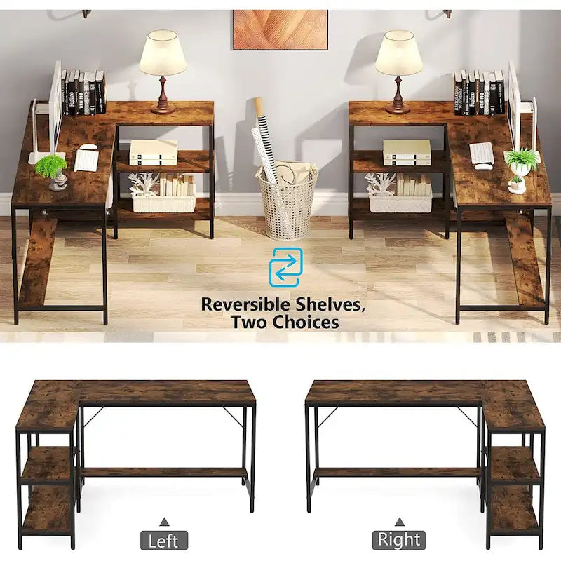Bureau d'angle en L avec huche et étagères de rangement – Marron, 1 personne