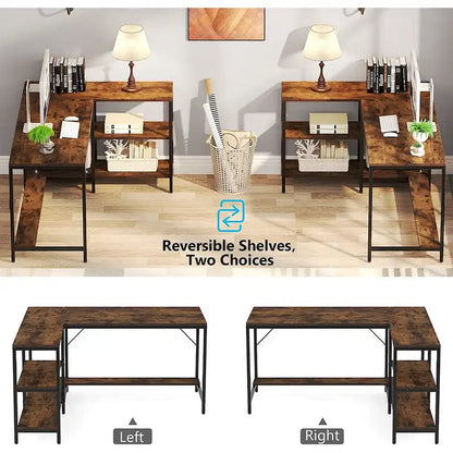 Bureau d'angle en L avec huche et étagères de rangement – Marron, 1 personne