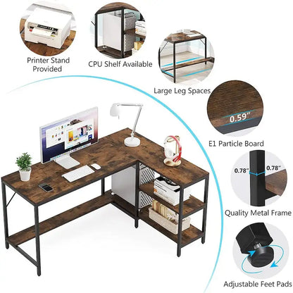 Bureau d'angle en L avec huche et étagères de rangement – Marron, 1 personne