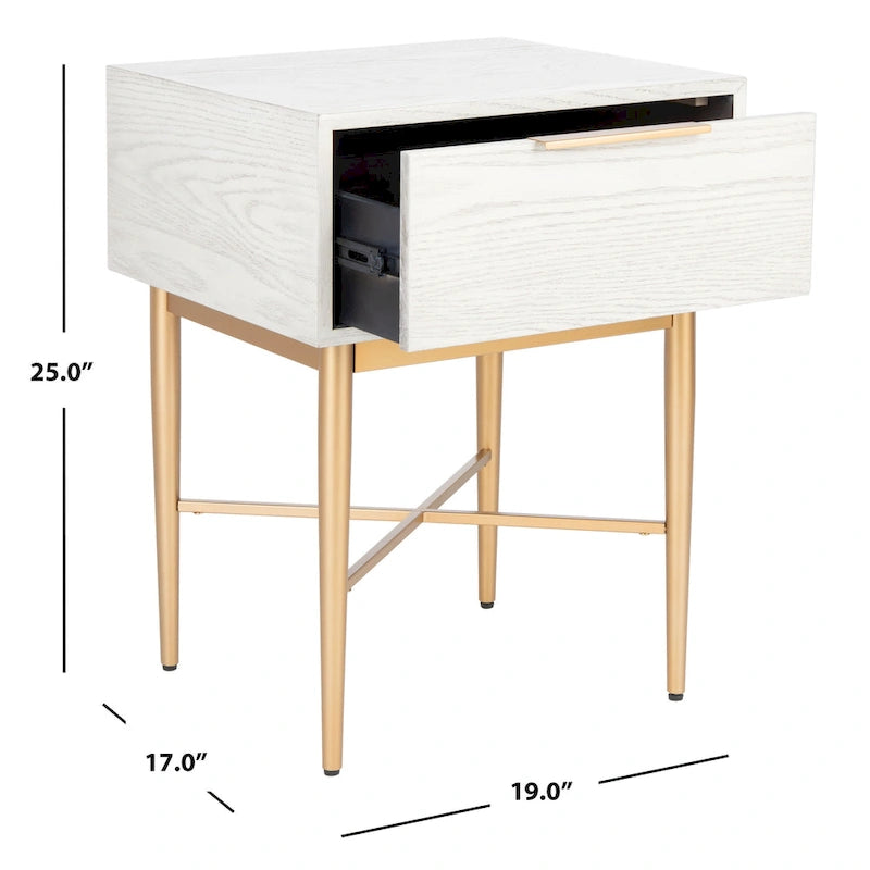 Table de chevet 1 tiroir, Noyer/Doré et Blanc délavé/Doré, Piètement croisé, Individuelle