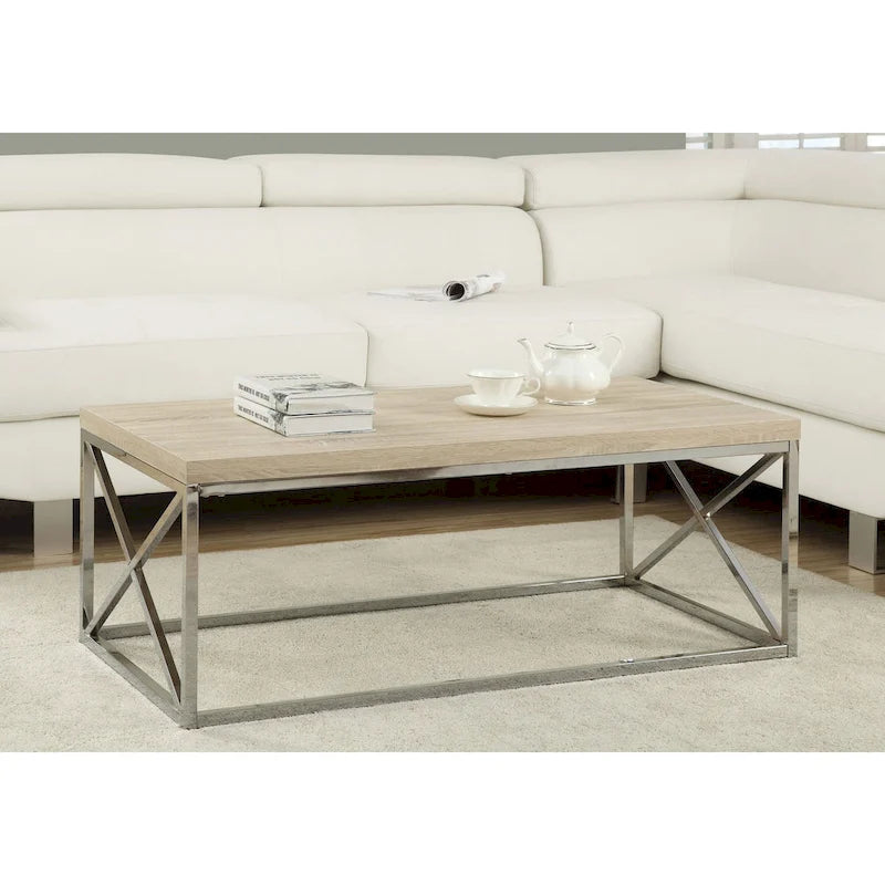  Natural Wood-Look Finish Chrome Metal Contemporary Design Coffee Table - 32