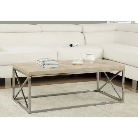  Natural Wood-Look Finish Chrome Metal Contemporary Design Coffee Table - 32