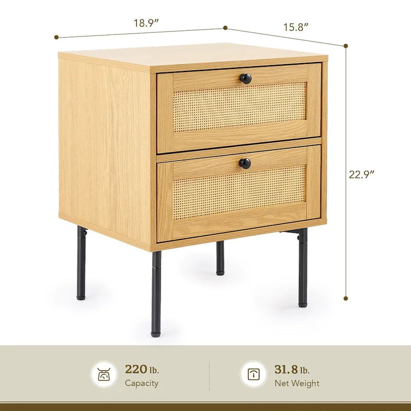 Table de chevet 2 tiroirs en rotin et bois naturel (montage par 1 personne)