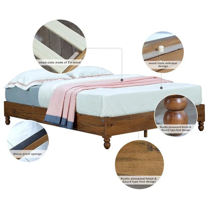 Cadre de lit plateforme en pin massif naturel, style rustique, pour 1-2 personnes