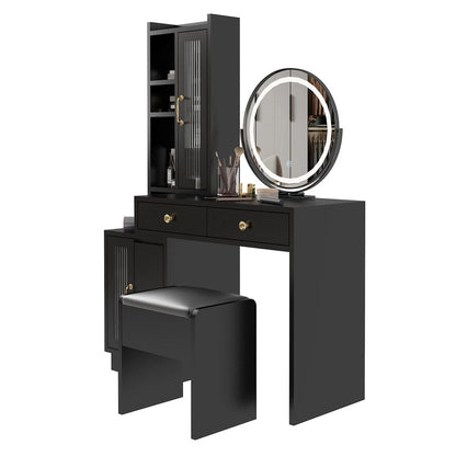 Coiffeuse blanche/noire avec miroir LED et meuble de rangement, 1 personne