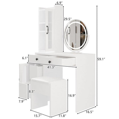 Coiffeuse blanche/noire avec miroir LED et meuble de rangement, 1 personne