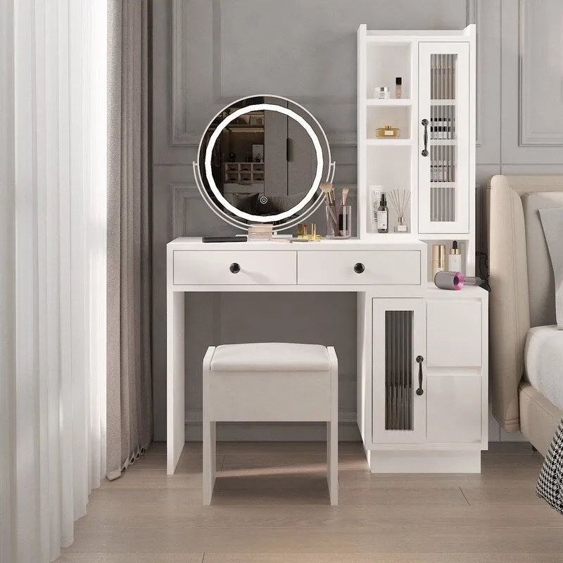 Coiffeuse blanche/noire avec miroir LED et meuble de rangement, 1 personne