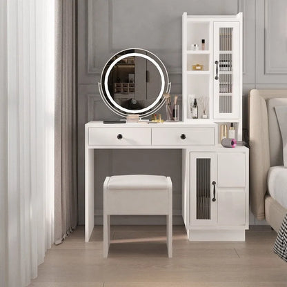 Coiffeuse blanche/noire avec miroir LED et meuble de rangement, 1 personne