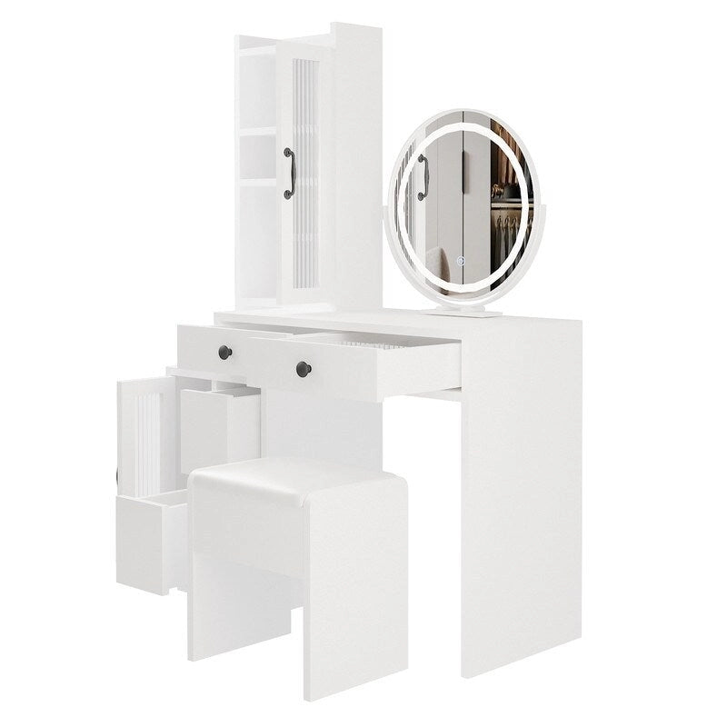 Coiffeuse blanche/noire avec miroir LED et meuble de rangement, 1 personne
